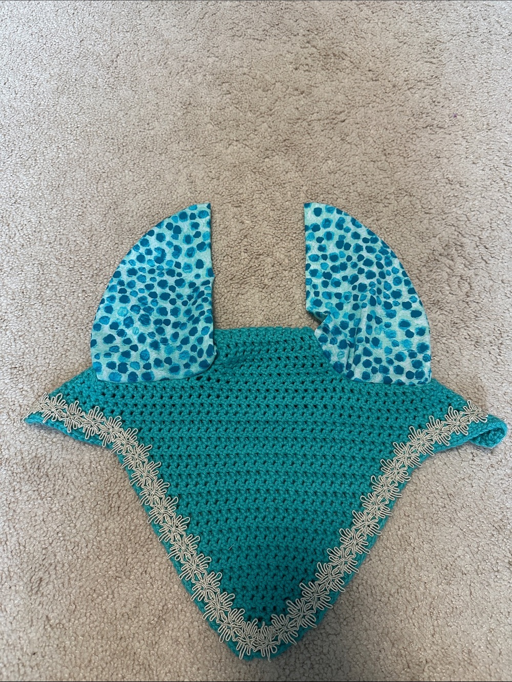 Teal Crochet Horse Ear/Fly Bonnet with Patterned Lining